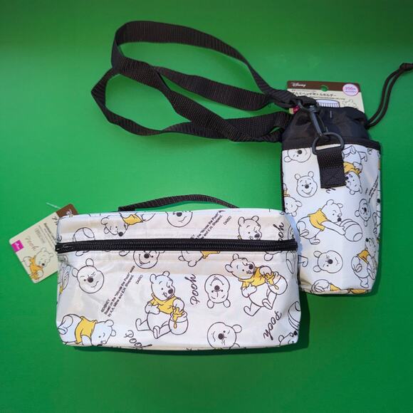 Disney Winnie Pooh Bear Insulated Lunch Bag Tote Drink Carrier Set Daiso Japan - Picture 1 of 9